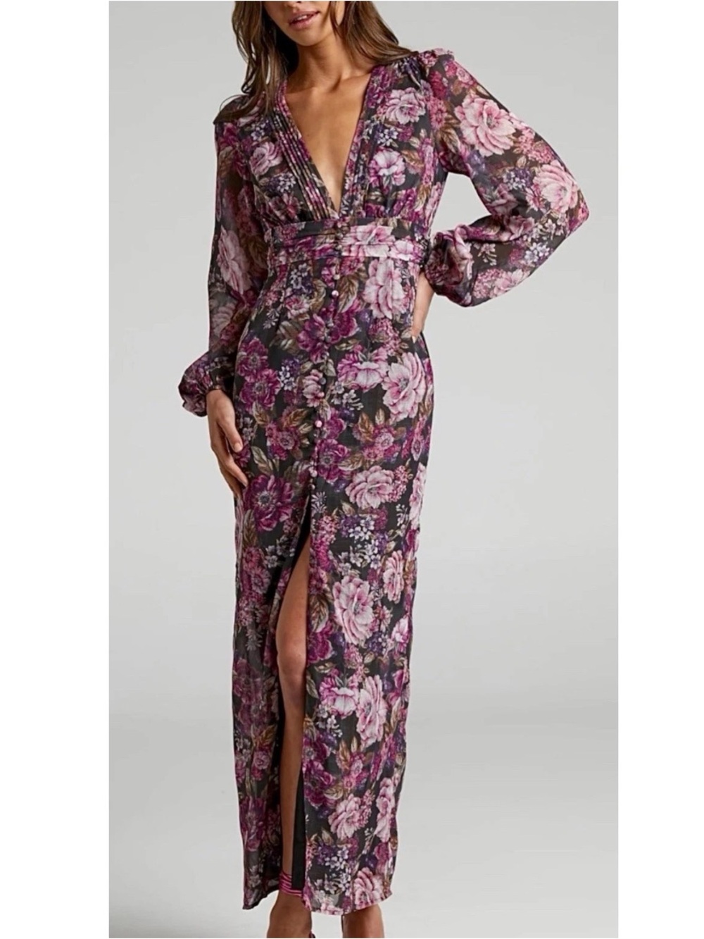 Showpo LORELEI V Neck Balloon Sleeve Maxi Dress Size 4 Floral Wedding Purple NEW